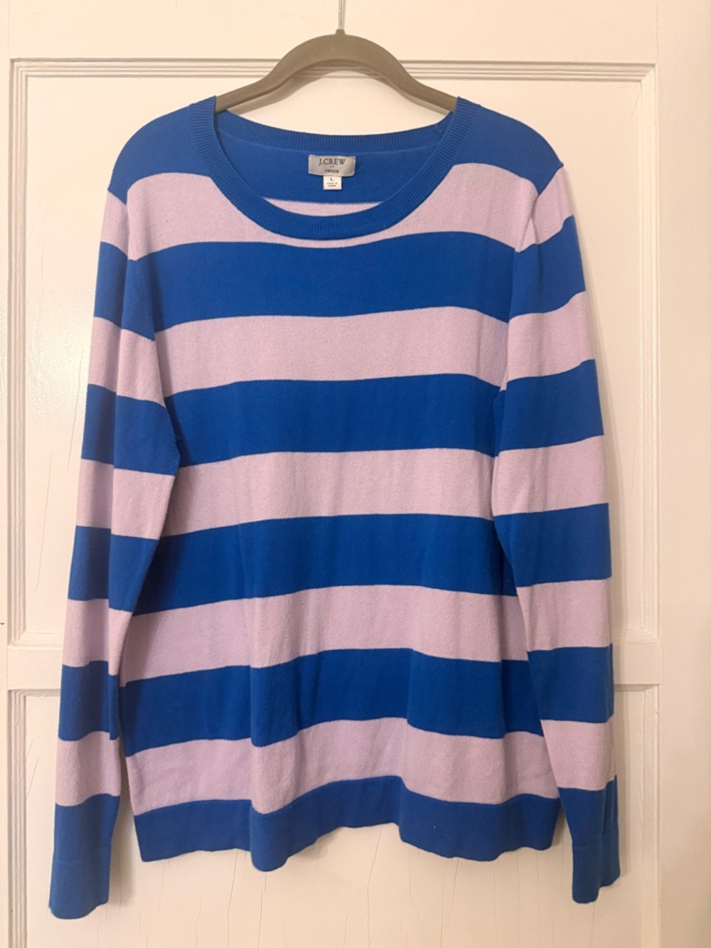 J. Crew Royal Blue and Light Pink Striped Crewneck Sweater